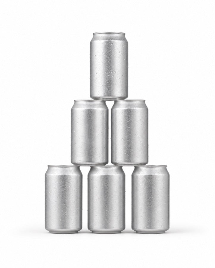 A pyramid of six plain unbranded silver drink cans with condensation