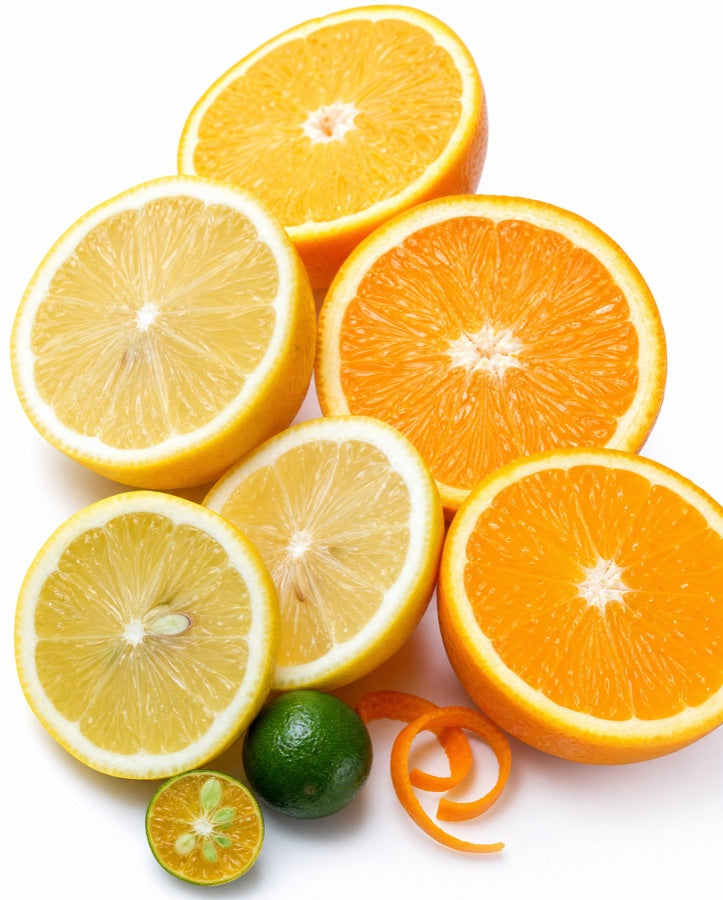 Halved oranges and lemons with a calamansi and a curl of orange zest