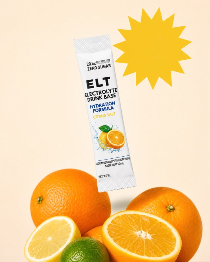 ELT sachet floating above fresh citrus with a yellow starburst