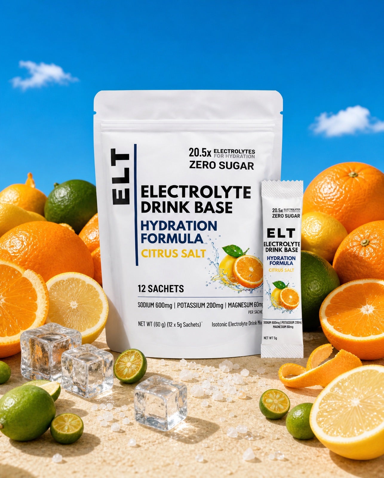 ELT pouch and sachet surrounded by fresh oranges, lemons, limes, salt flakes and ice under a tropical blue sky