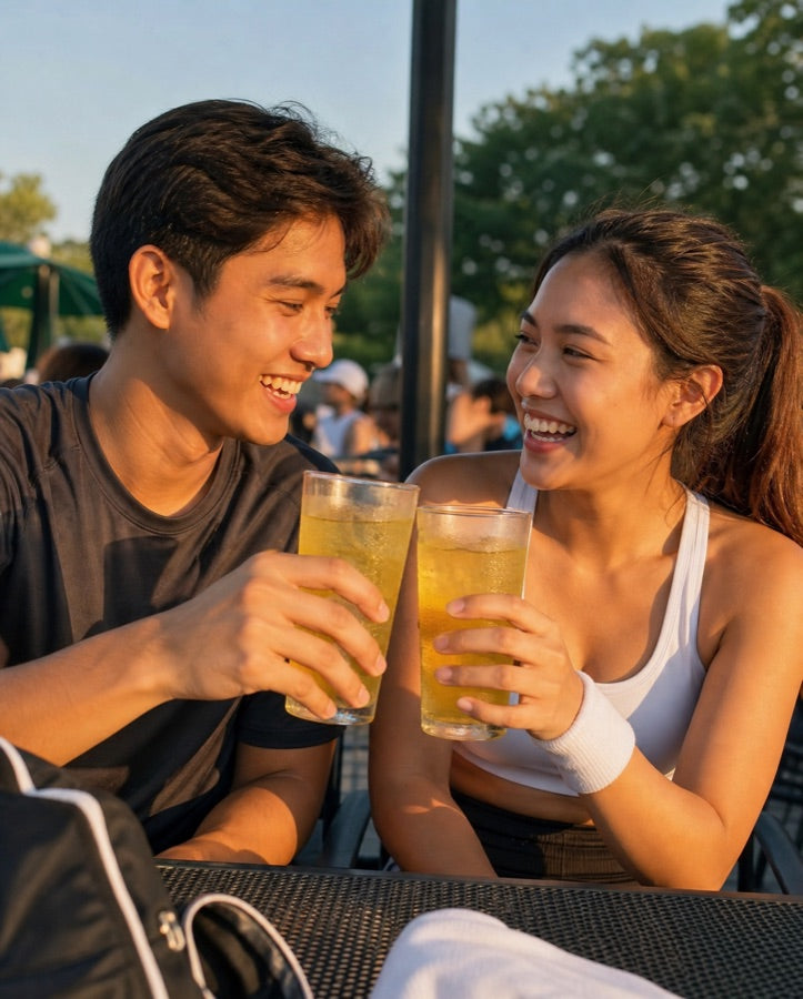 Two friends laughing and clinking glasses of cold honey-lemon ELT at a courtside table at golden hour