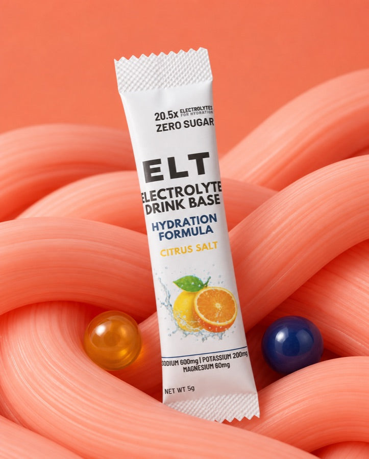 ELT sachet nestled in smooth relaxed coral muscle ribbons with two mineral spheres
