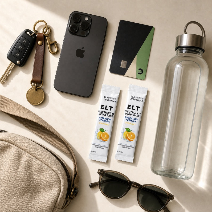 Everyday carry flatlay with keys, phone and water bottle, two ELT sachets tucked among them