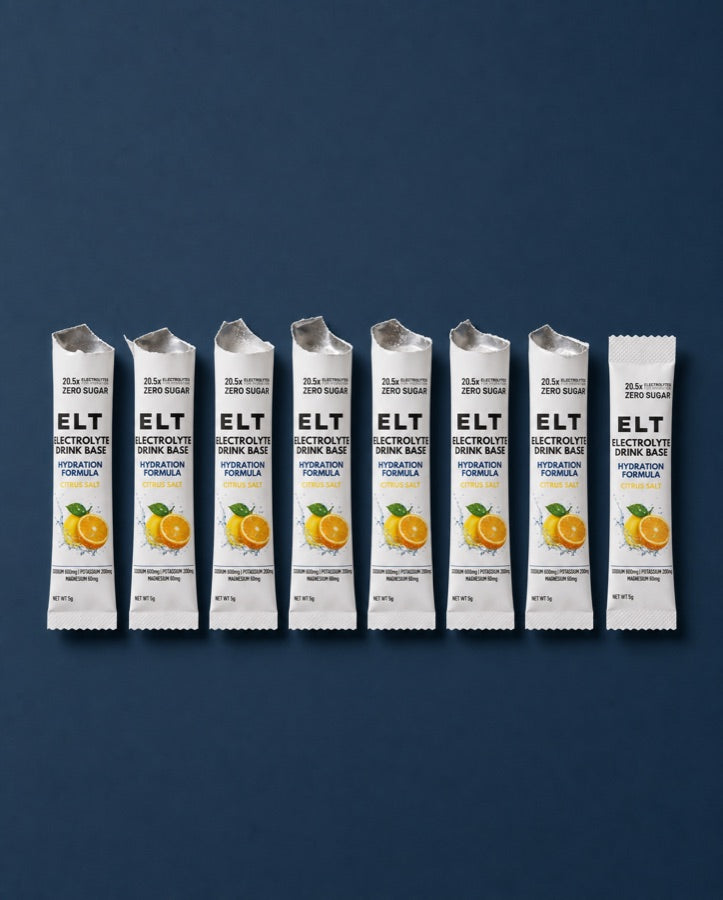 Seven torn-open ELT sachets in a neat row like a habit tracker, one intact sachet at the end