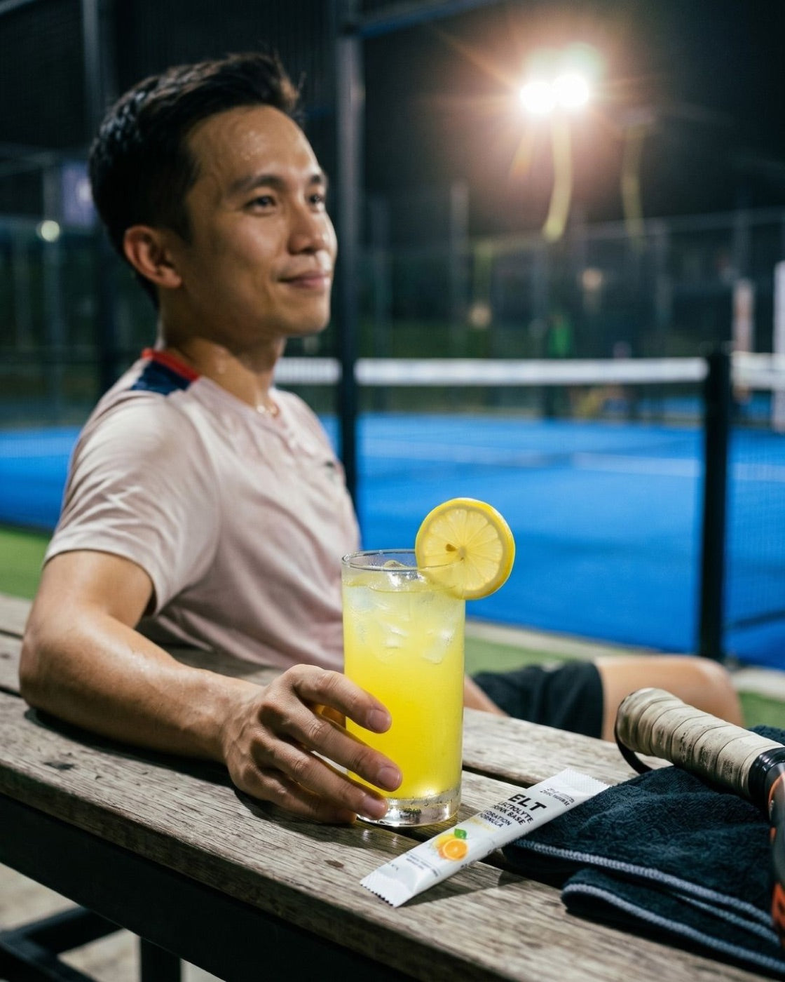 A player relaxed on the bench after a night match, hand resting on an ice-cold glass of ELT