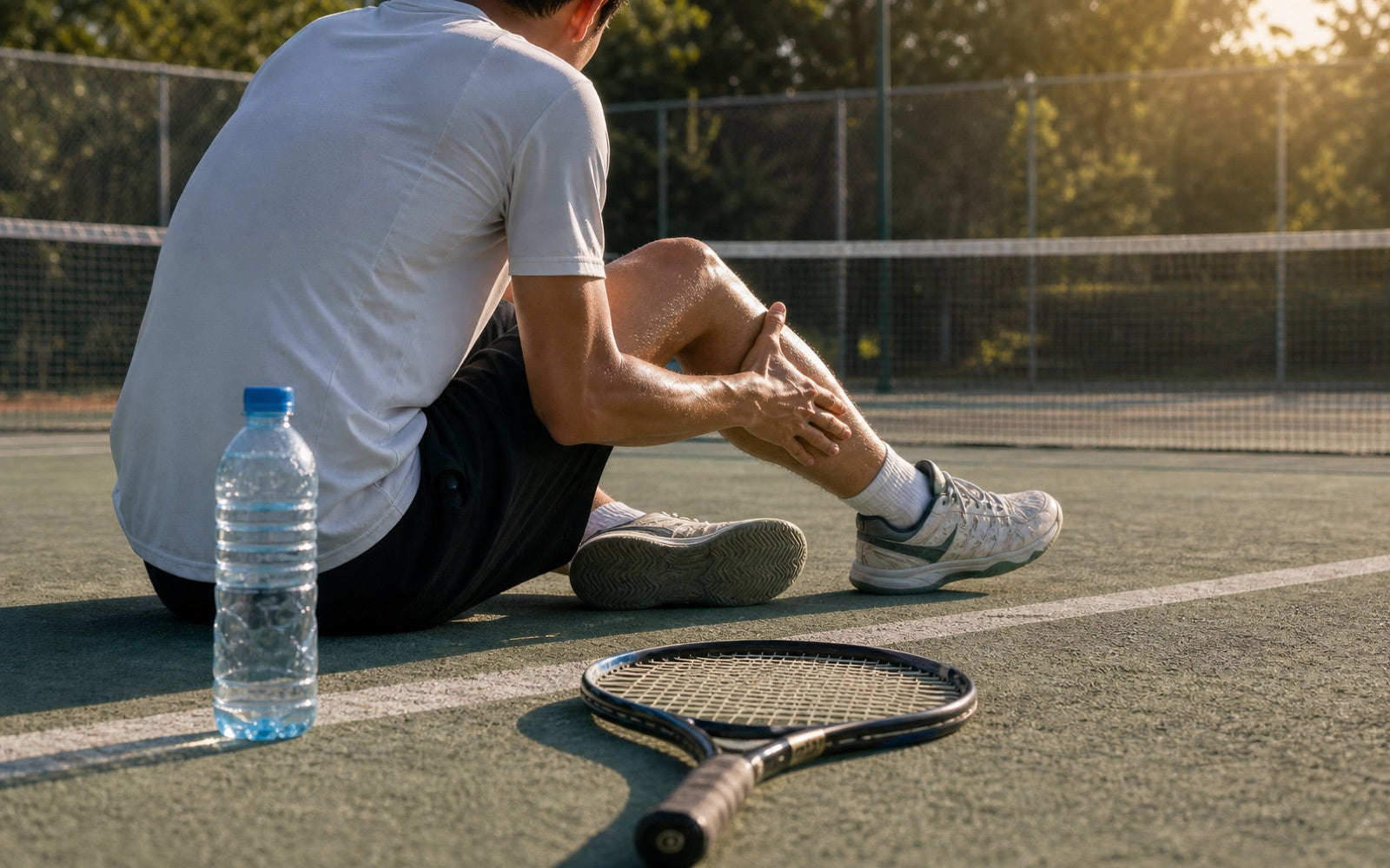 A tennis player sitting on the court gripping a cramped calf, a plain water bottle and racquet beside him