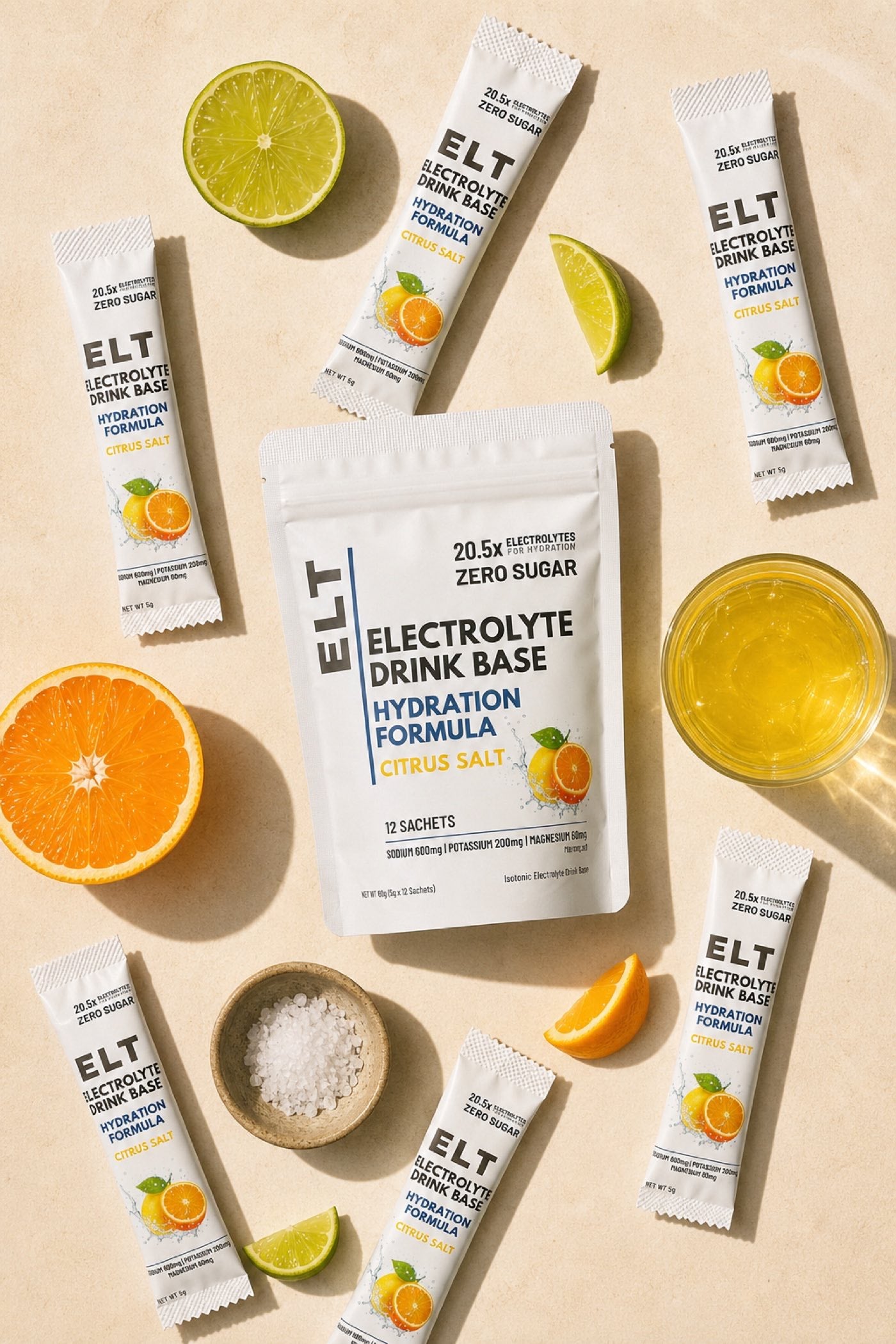 ELT Citrus Salt pouch and sachets in the sun with fresh citrus, sea salt and a glass of the lemon-yellow drink
