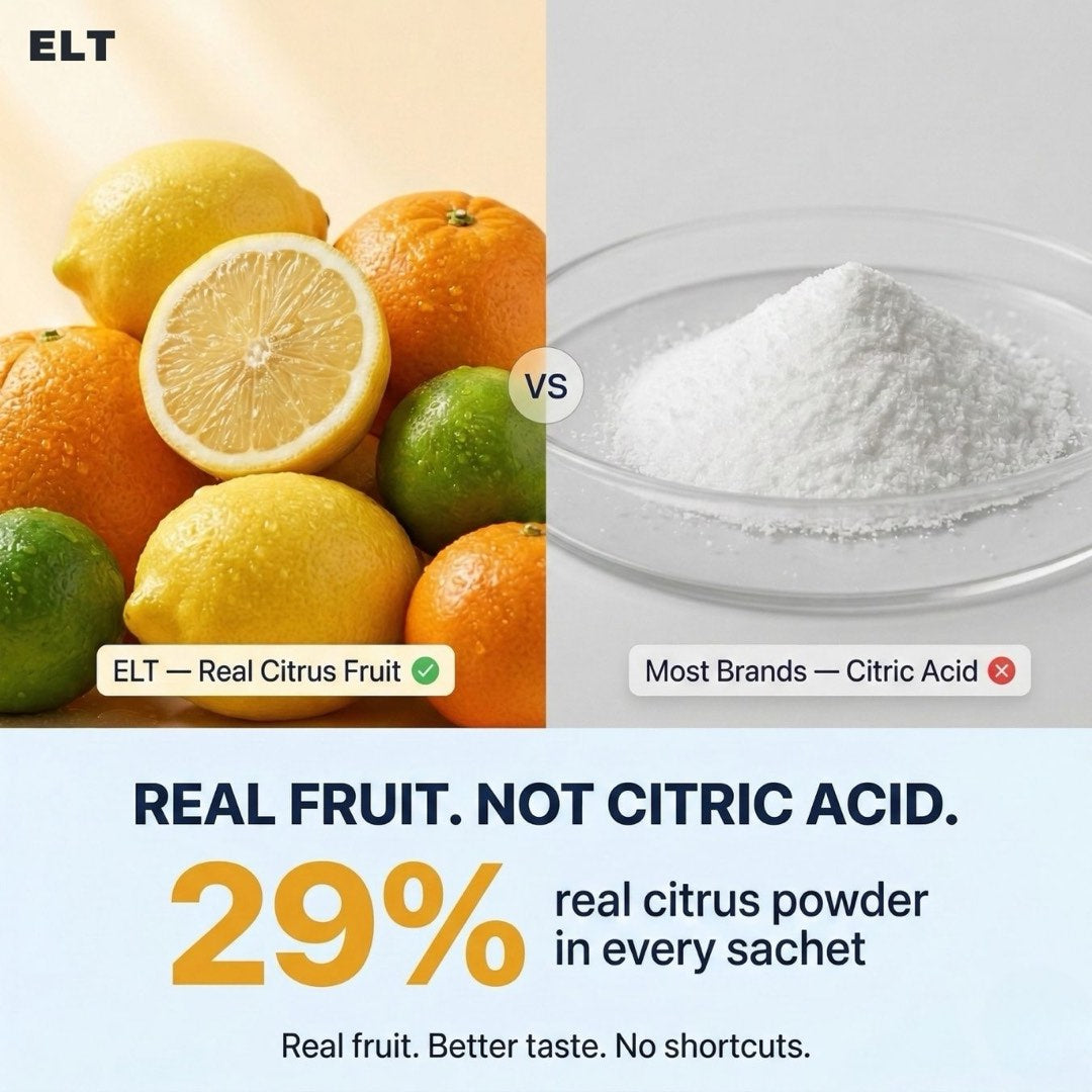 Real citrus fruit versus the citric acid powder most brands use: 29% real citrus powder in every ELT sachet