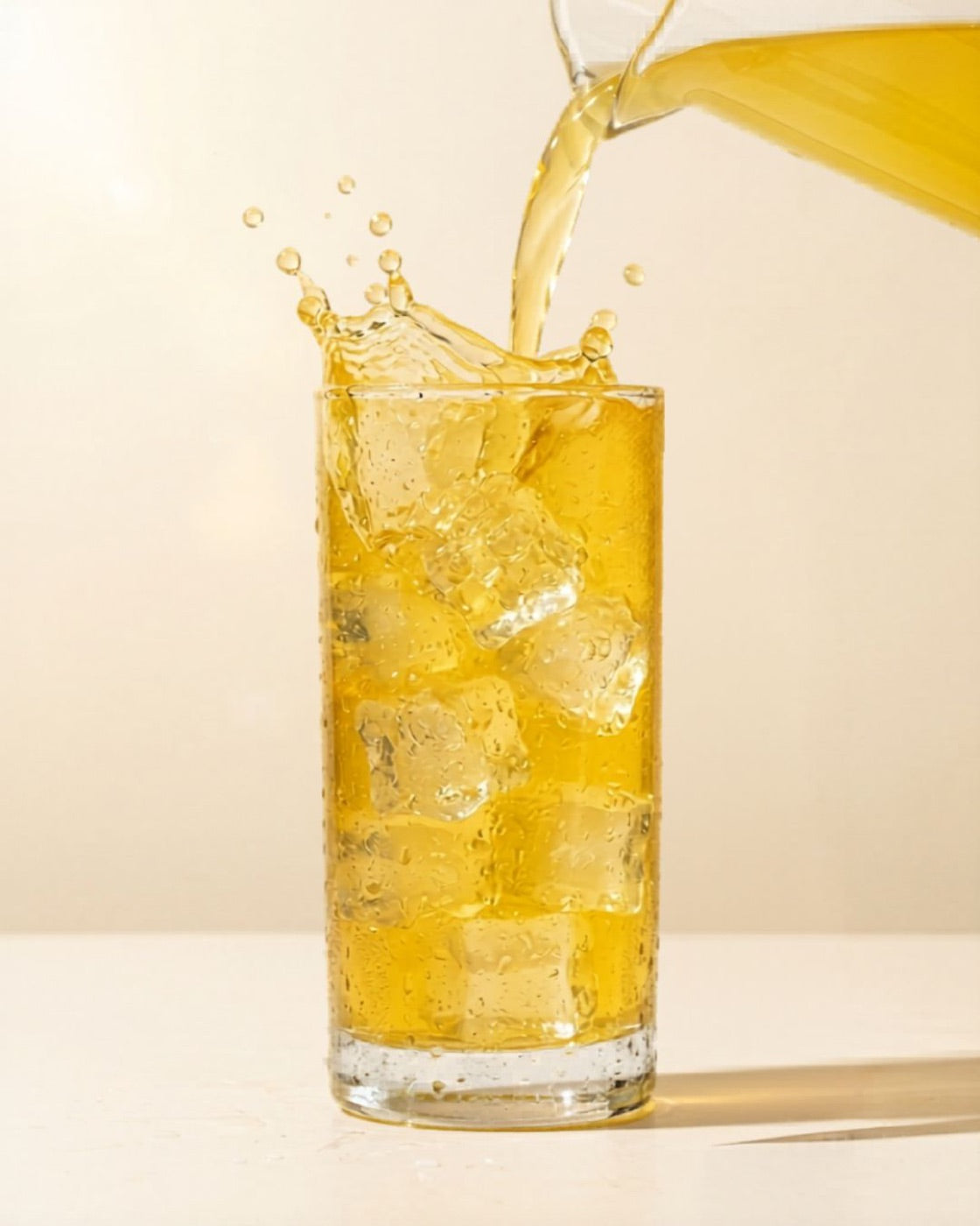 The ice-cold lemonade-yellow pour over ice