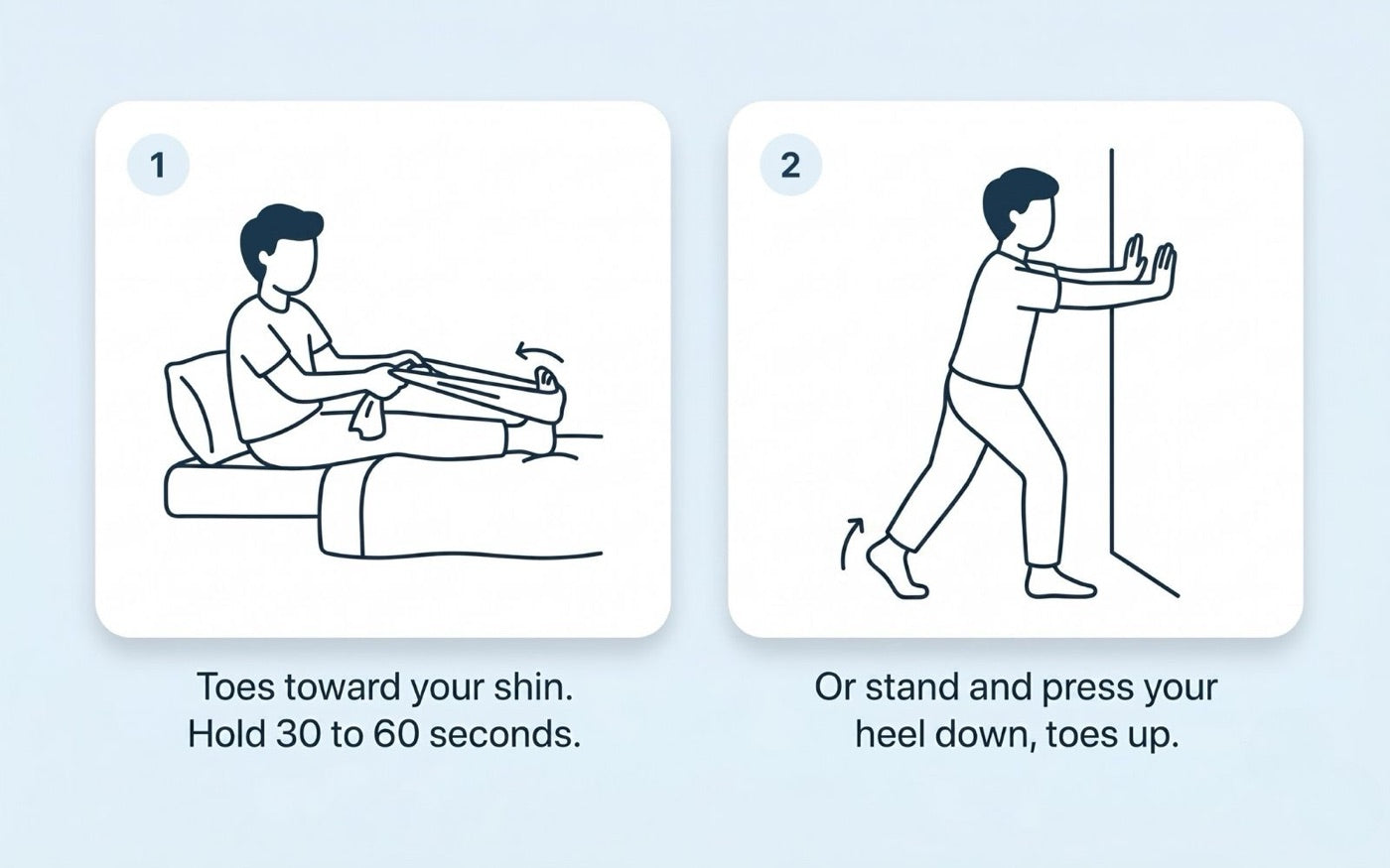 How to stop a live cramp: pull your toes toward your shin with a towel and hold 30 to 60 seconds, or stand and press your heel down with toes up