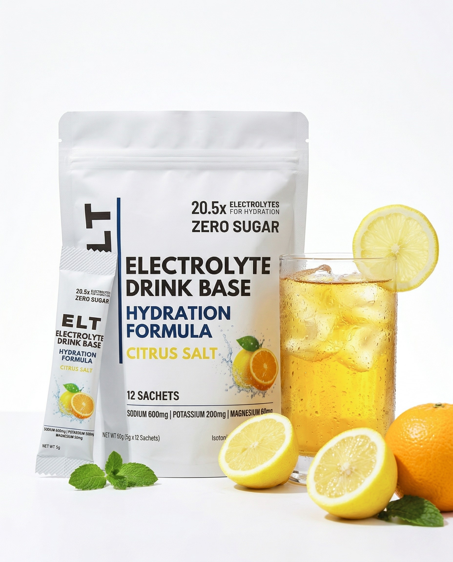 ELT Electrolyte Drink Base — Citrus Salt pouch, sachet, and refreshing citrus drink