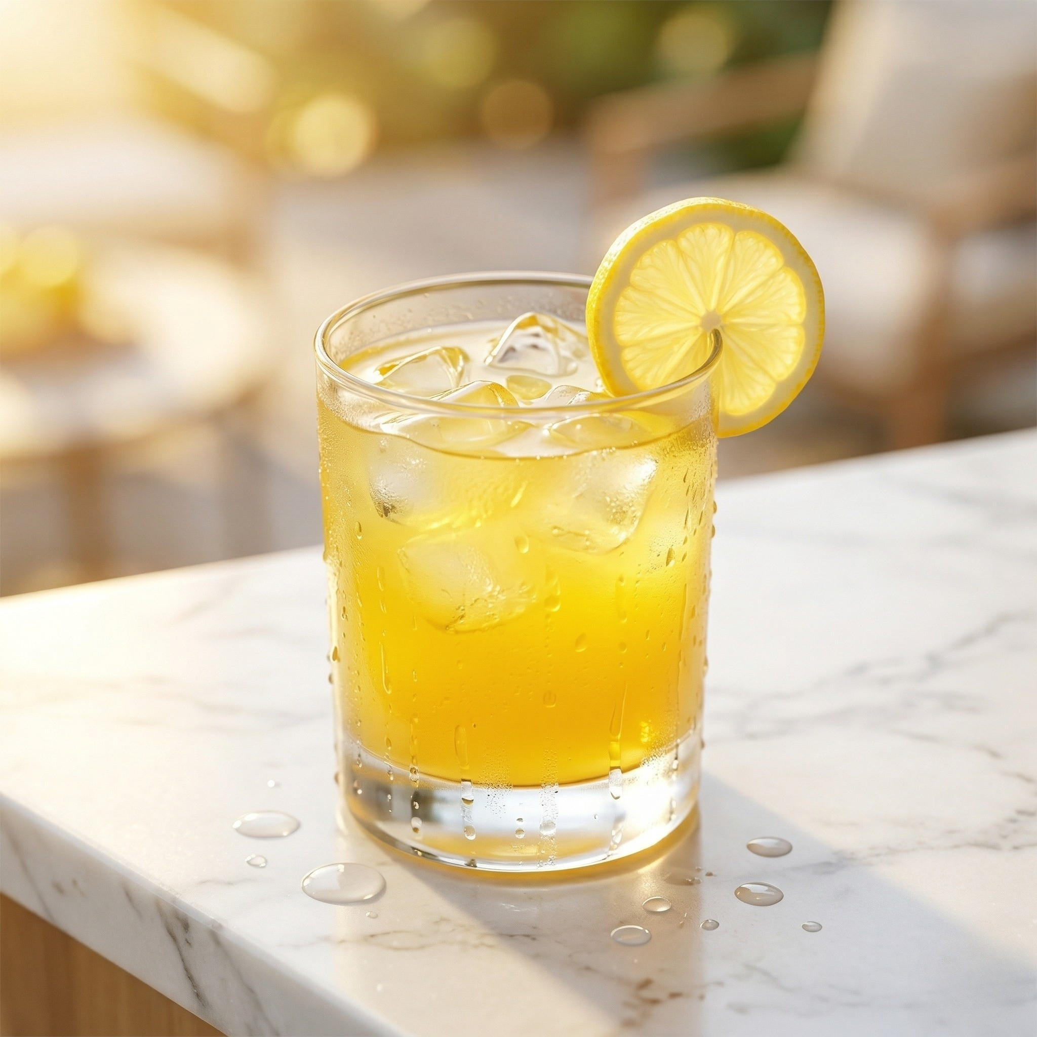 Refreshing golden citrus hydration drink with ice and lemon