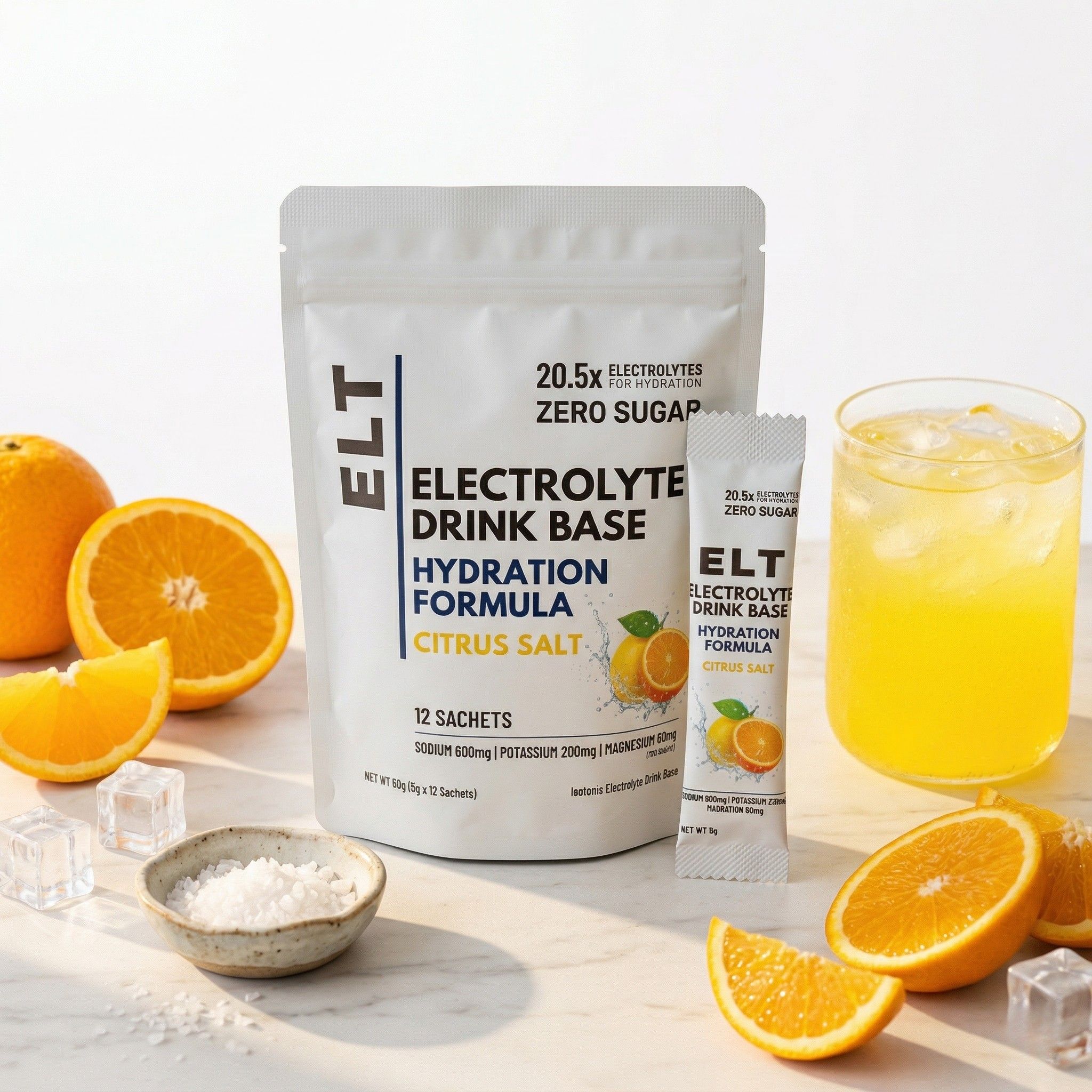 ELT Electrolyte Drink Base — Citrus Salt with fresh oranges, ice, and salt