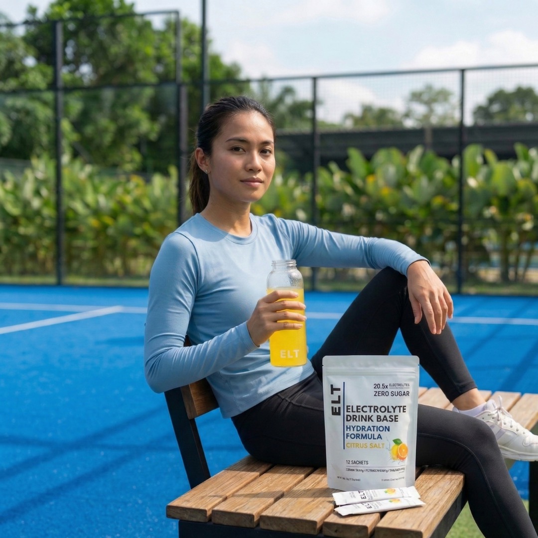 A glass of ELT after a padel match in KL — the everyday hydration moment this guide is for
